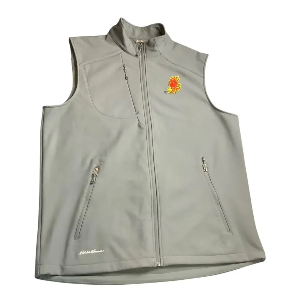 Eddie Bauer XL Gray Fleece Soft Shell Vest Flamin’ Hot Cheetos Embroidered Zip